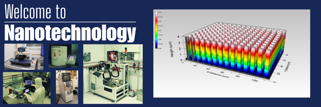 This banner displays pictures of the MMF"s Dektak, Laurell Spin Coater, DISCO Dicing, ABM Contact Aligner, and then jack fixing a peice of equipment in the lab.