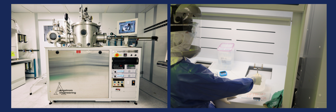 The first image displays a picture of the MMF's Angstrom Sputter system and the second photo shows rachel working on a customer project.
